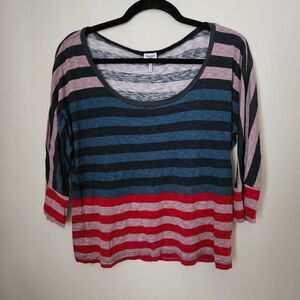 Splendid Top Striped Purple Blue Pink Red 3/4 Sleeve Casual Lightweight Scoop